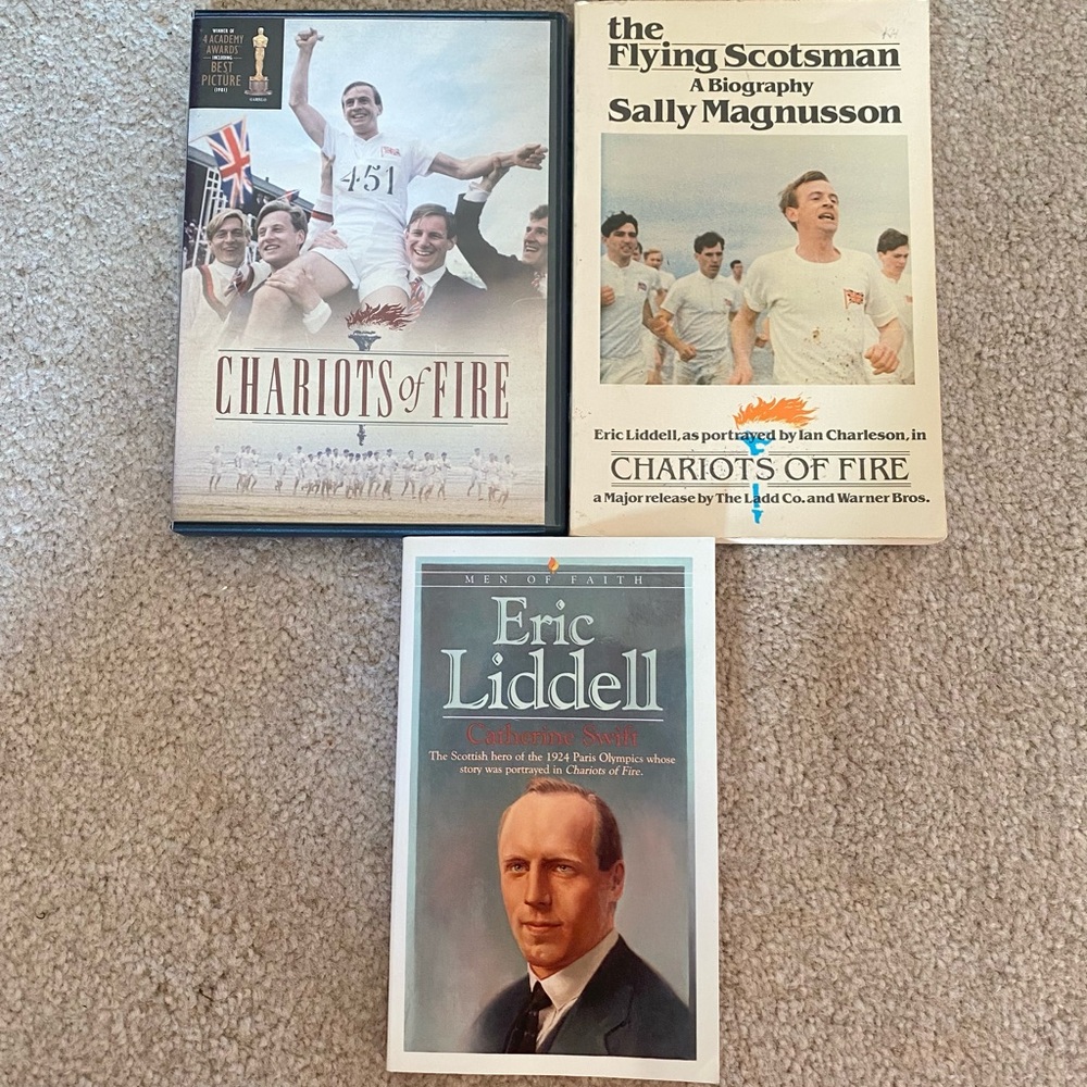 Lot of 3 Eric Liddell Books Movie DVD Chariots of Fire Flying Scotsman Classroom